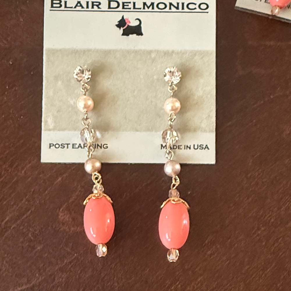 Coral and Gold Dangle Earrings